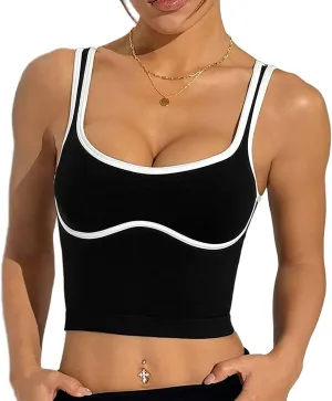 Summer Spaghetti Strap Black Crop Tank Tops for Women Y2K Style Sexy Low-Cut Sleeveless Strap Running Camisole