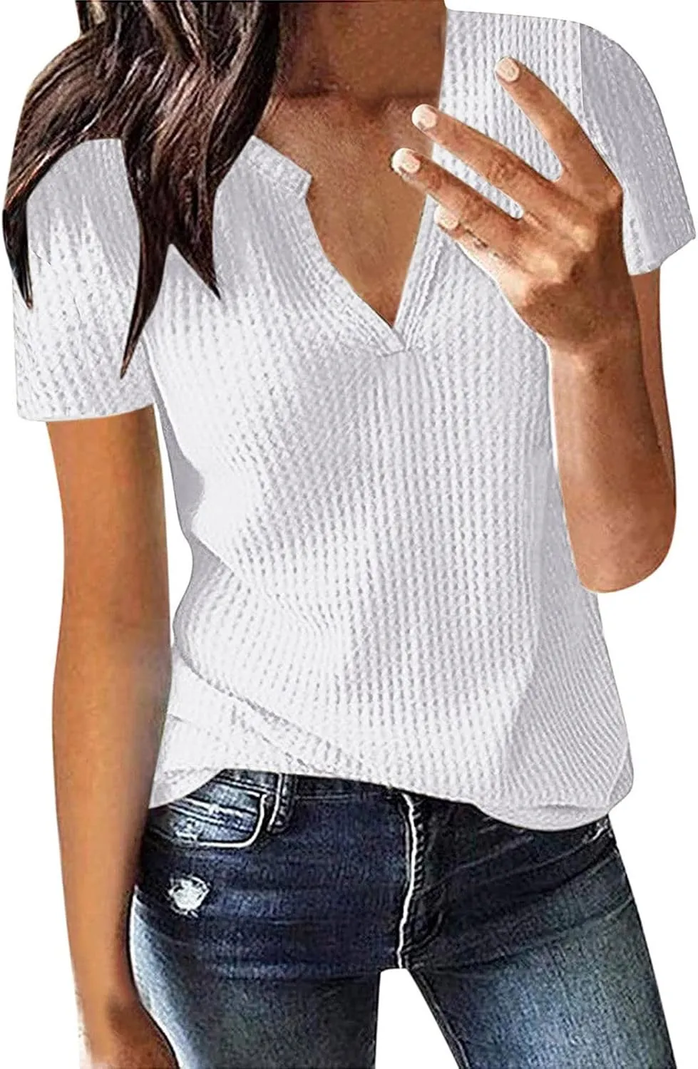 Summer Tops for Women Waffle Knit Short Sleeve Casual Shirts V Neck Plus Size Loose Fit 2025 Trendy Tunic Tshirt