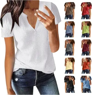 Summer Tops for Women Waffle Knit Short Sleeve Casual Shirts V Neck Plus Size Loose Fit 2025 Trendy Tunic Tshirt