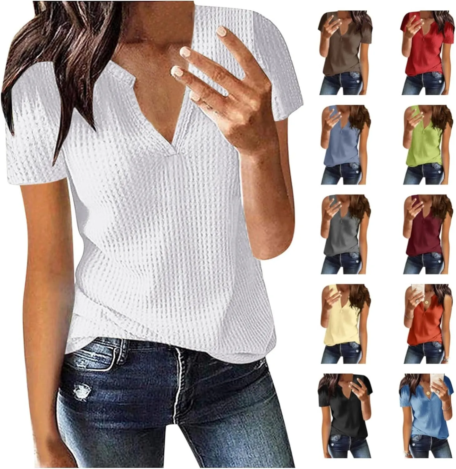 Summer Tops for Women Waffle Knit Short Sleeve Casual Shirts V Neck Plus Size Loose Fit 2025 Trendy Tunic Tshirt