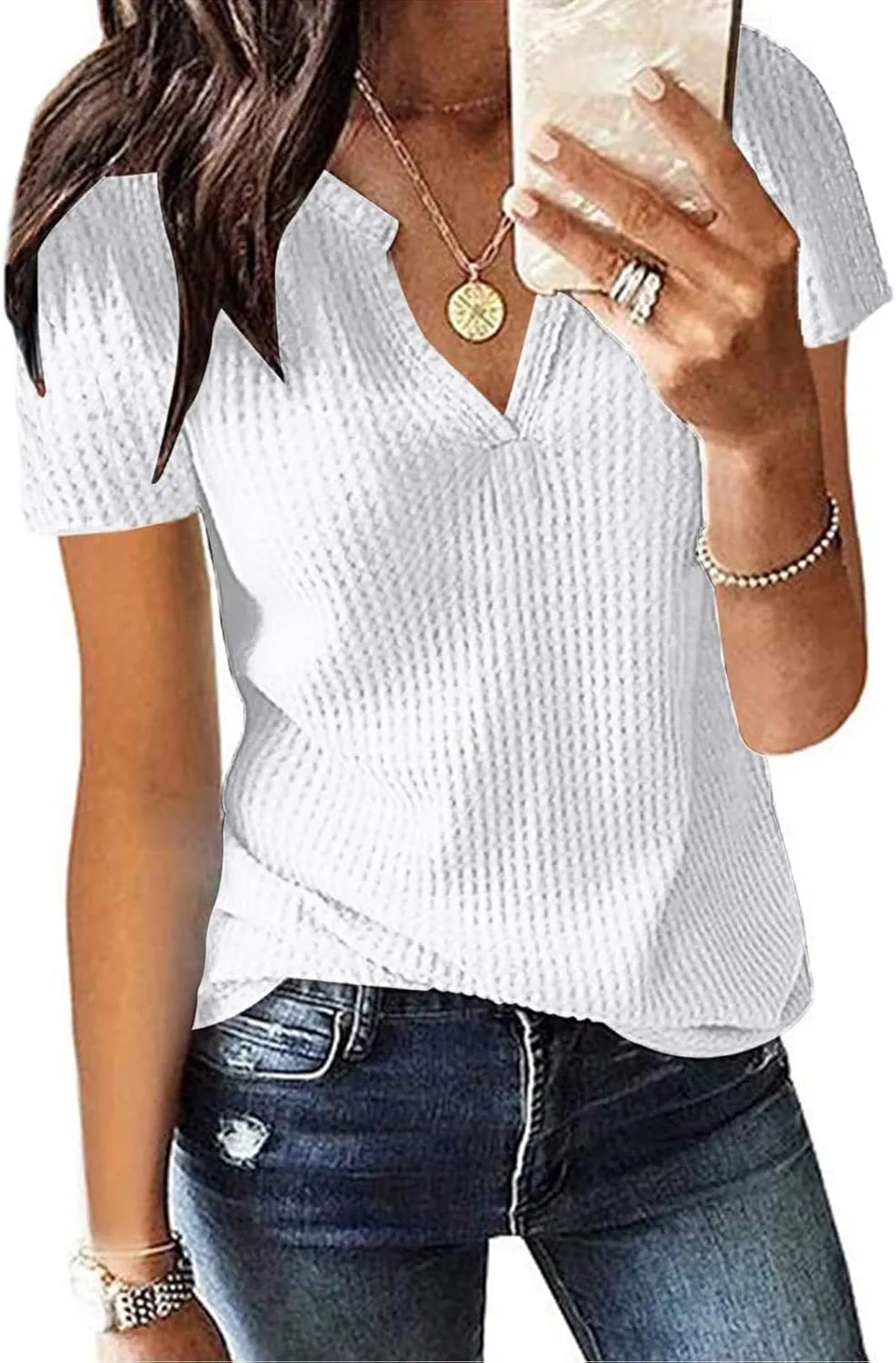 Summer Tops for Women Waffle Knit Short Sleeve Casual Shirts V Neck Plus Size Loose Fit 2025 Trendy Tunic Tshirt