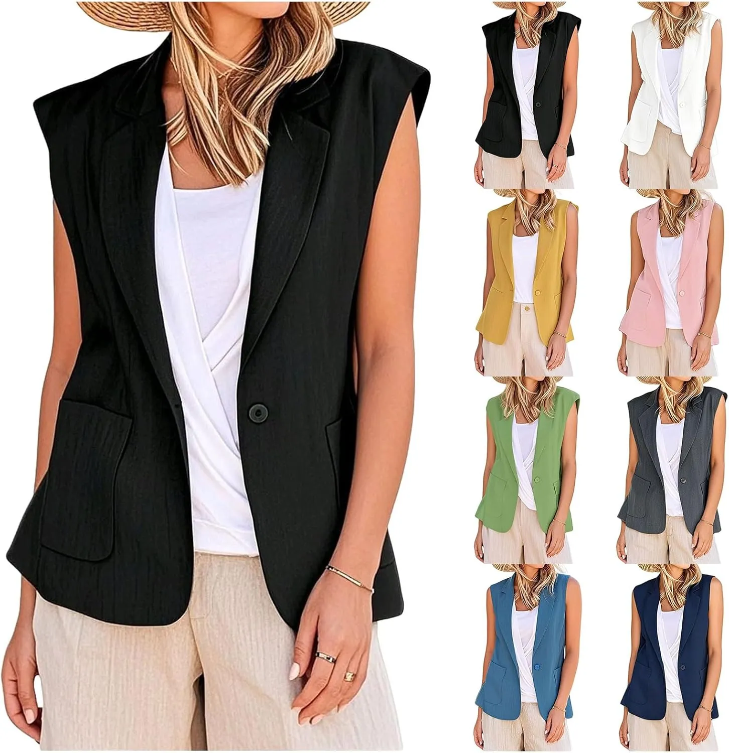 Summer Vest for Women Casual Open Front Sleeveless Blazers Business Lapel Button Suit Vests Loose Work Office Jacket