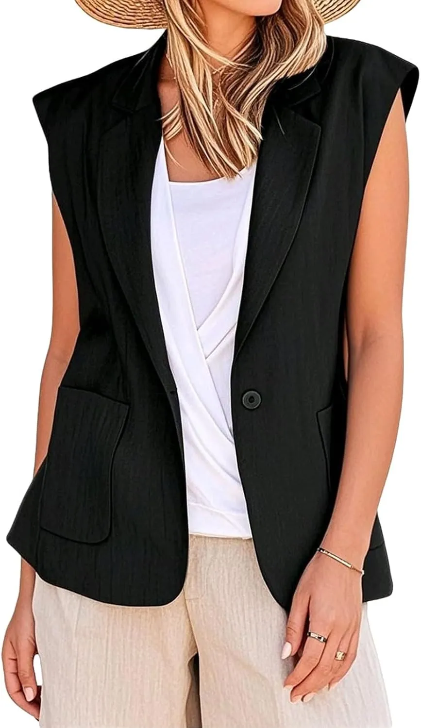 Summer Vest for Women Casual Open Front Sleeveless Blazers Business Lapel Button Suit Vests Loose Work Office Jacket