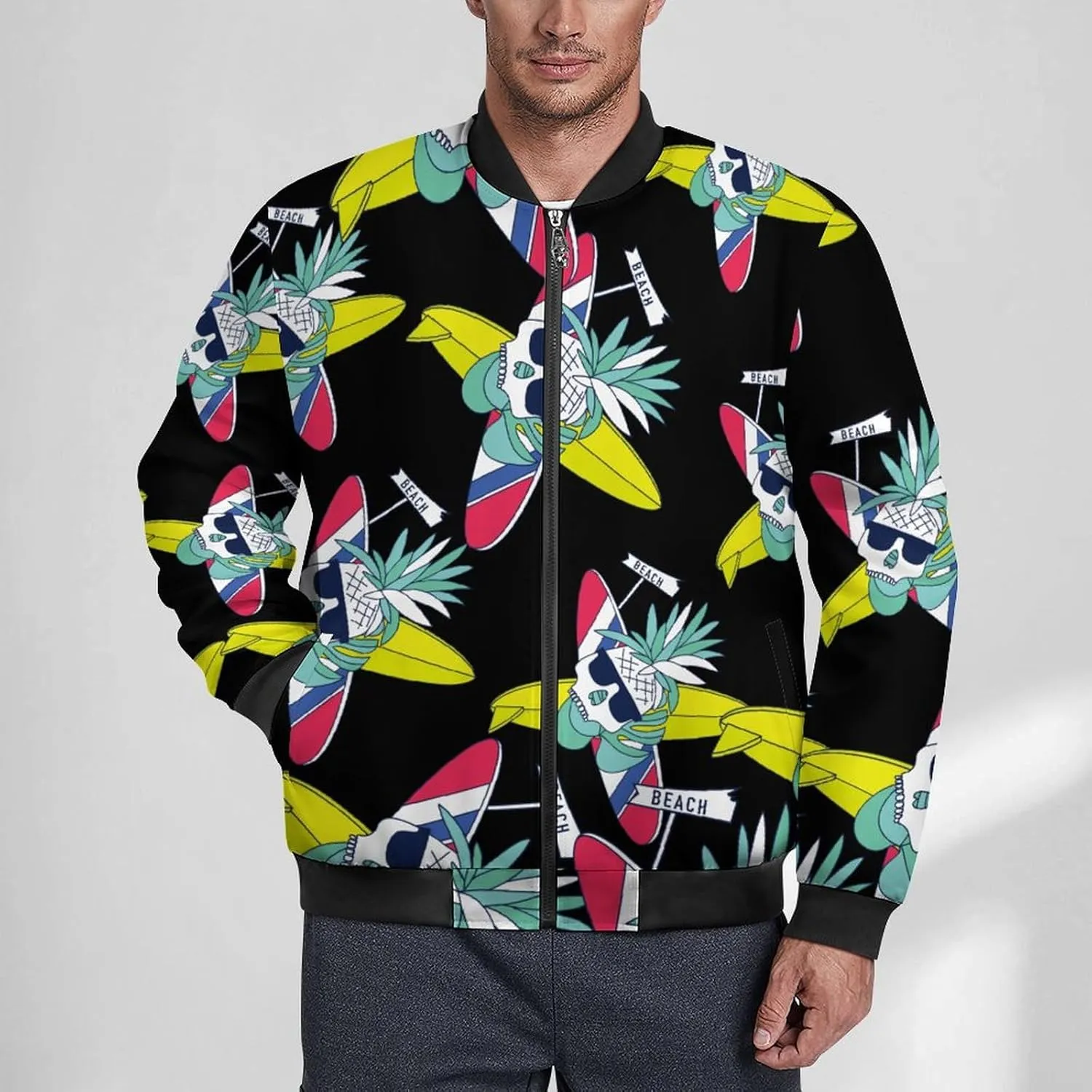 Surfboard Skull Pineapple Men's Bomber Jacket Lightweight Windbreaker Fashion Spring Fall Coats Casual Jackets for Men