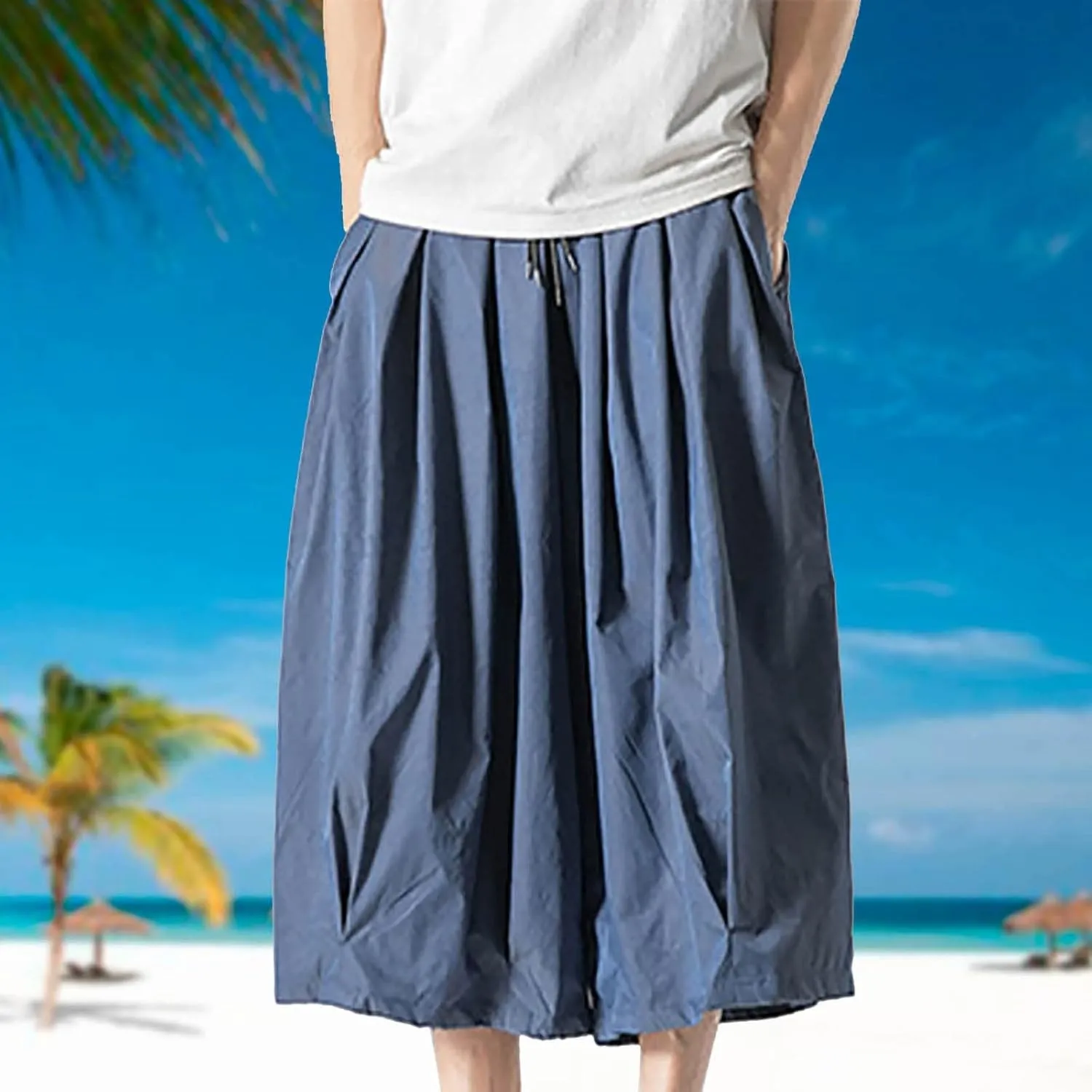 SUWBMHWE Harem Pants Baggy Linen Men Long Shorts Summer Beach Trouser Hippie Lounge Japanese for Graphic Wide-Leg Trousers