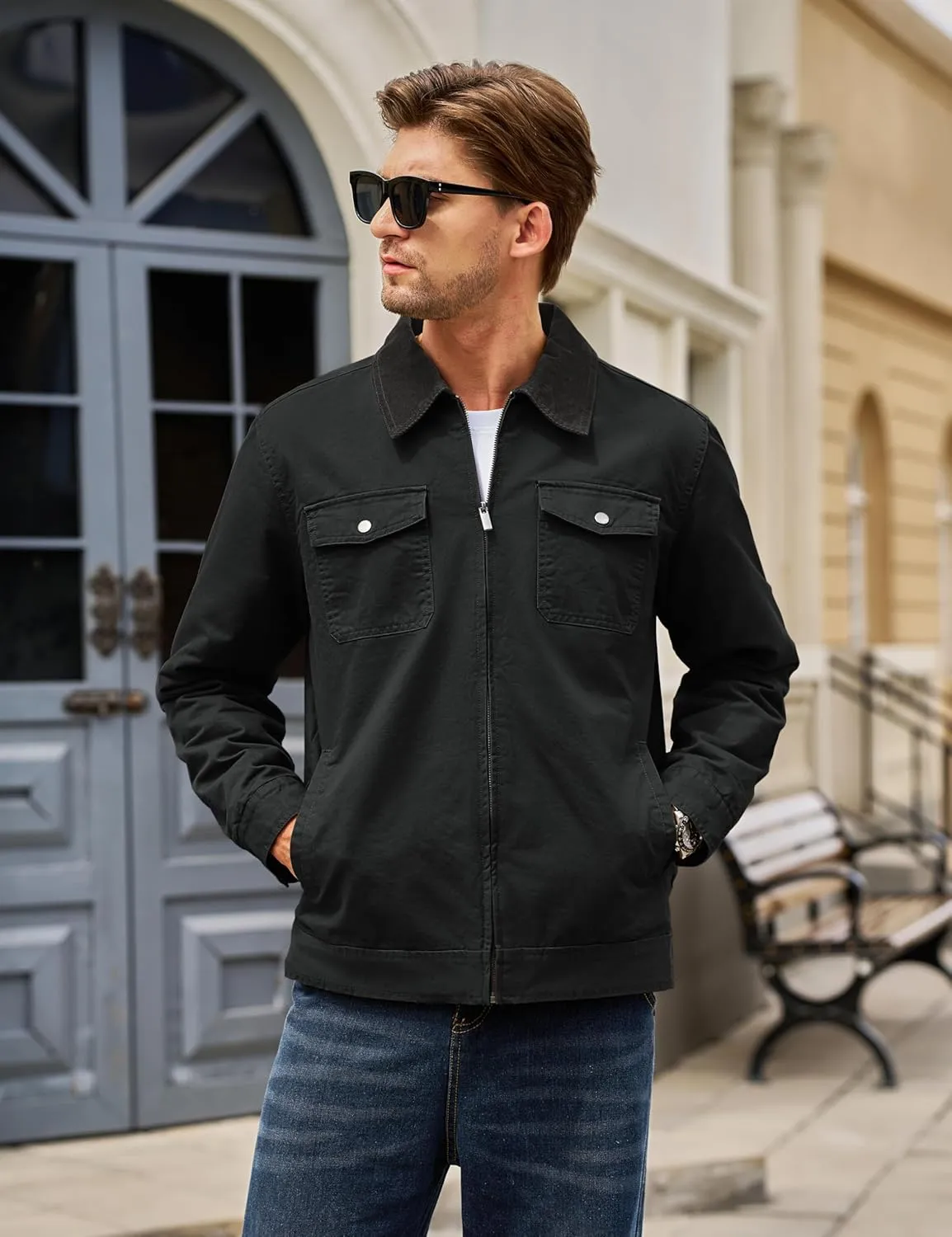 TACVASEN Men's Winter Quilted Casual Cargo Jacket Corduroy Collar Cotton Shacket with Button Pockets for Comfort and Style