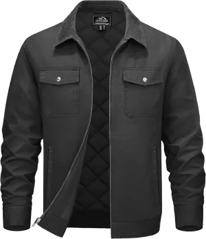 TACVASEN Men's Winter Quilted Casual Cargo Jacket Corduroy Collar Cotton Shacket with Button Pockets for Comfort and Style