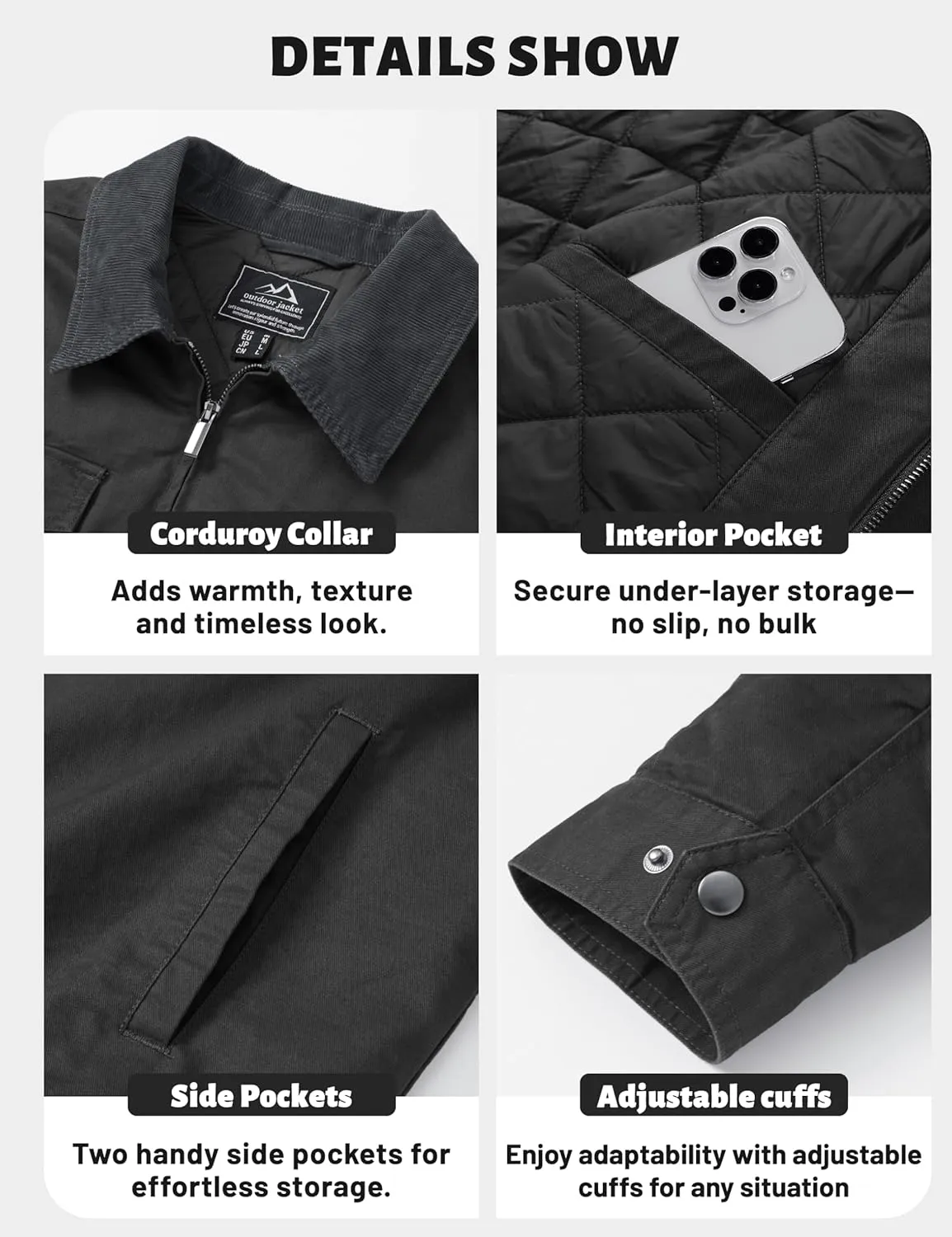 TACVASEN Men's Winter Quilted Casual Cargo Jacket Corduroy Collar Cotton Shacket with Button Pockets for Comfort and Style