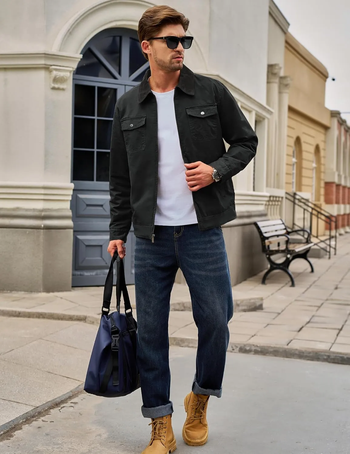 TACVASEN Men's Winter Quilted Casual Cargo Jacket Corduroy Collar Cotton Shacket with Button Pockets for Comfort and Style