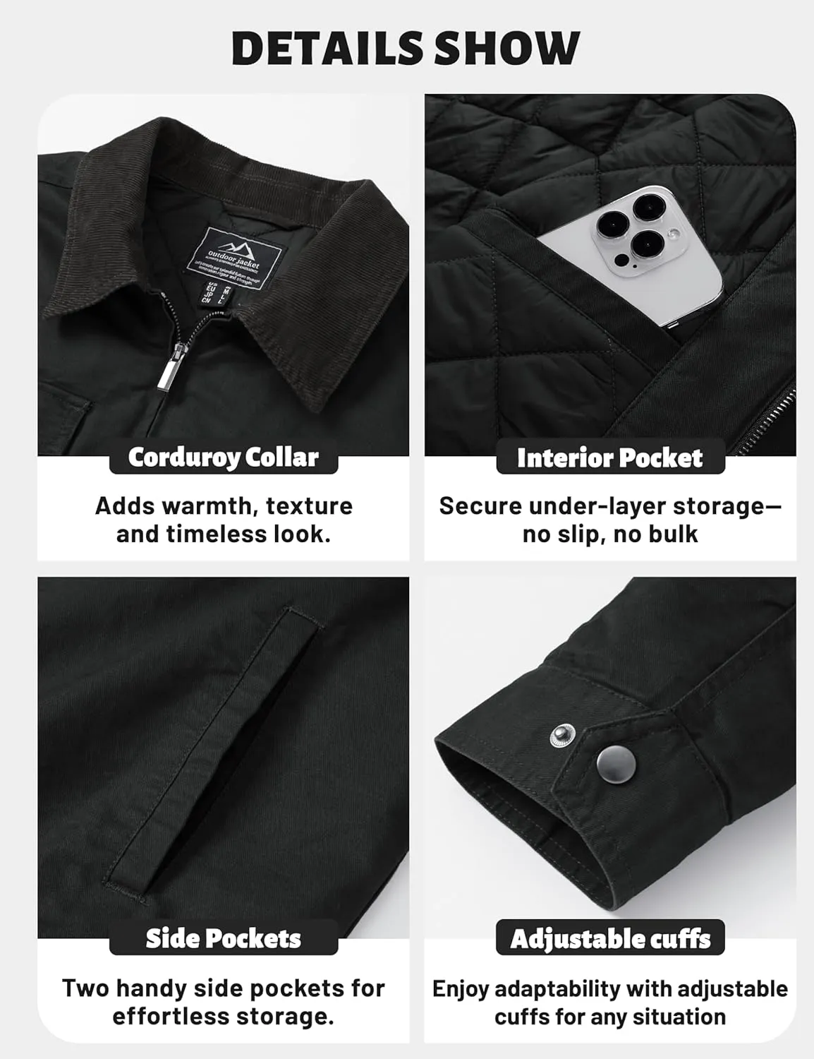 TACVASEN Men's Winter Quilted Casual Cargo Jacket Corduroy Collar Cotton Shacket with Button Pockets for Comfort and Style
