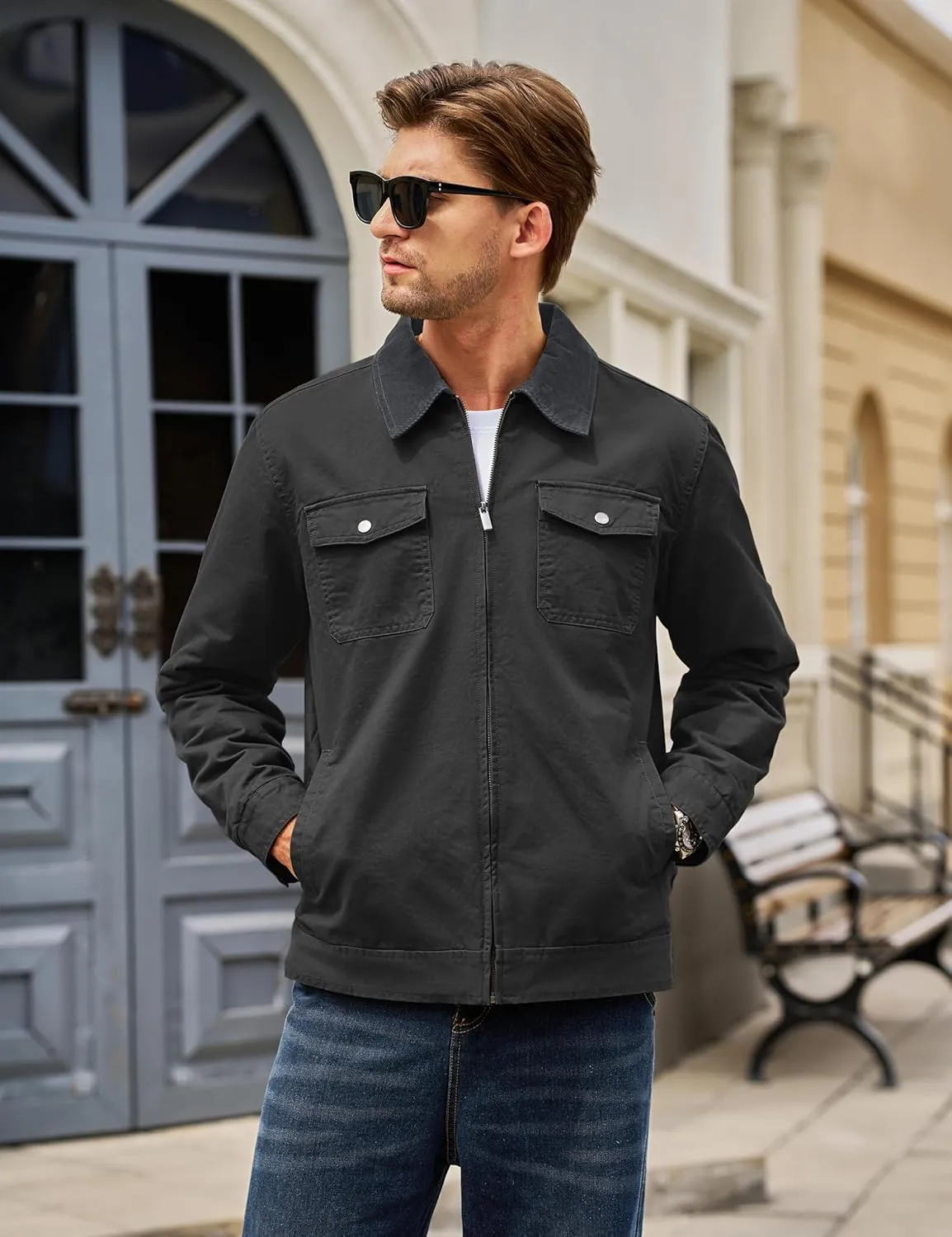 TACVASEN Men's Winter Quilted Casual Cargo Jacket Corduroy Collar Cotton Shacket with Button Pockets for Comfort and Style