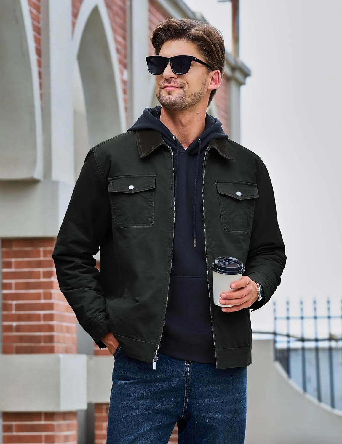TACVASEN Men's Winter Quilted Casual Cargo Jacket Corduroy Collar Cotton Shacket with Button Pockets for Comfort and Style