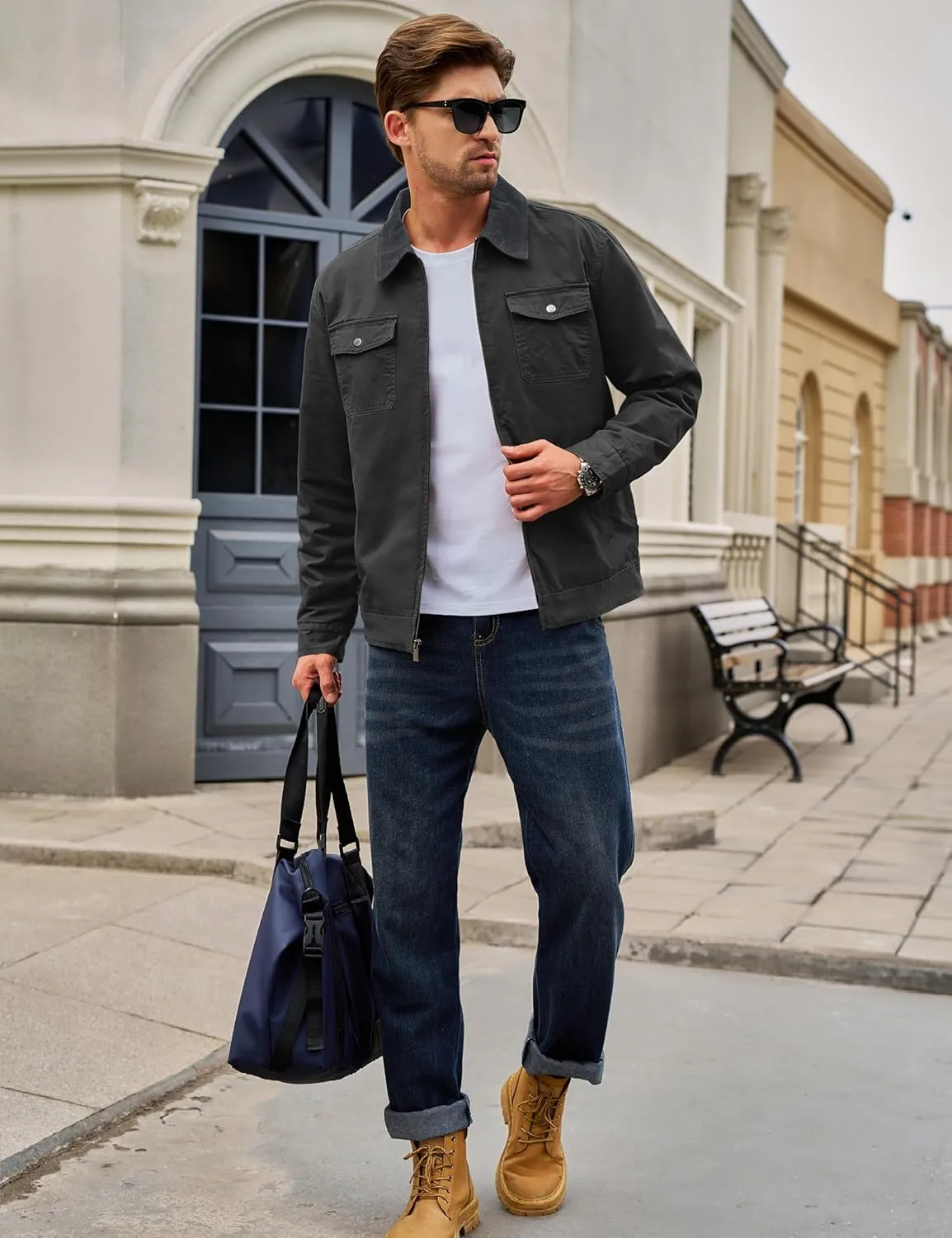 TACVASEN Men's Winter Quilted Casual Cargo Jacket Corduroy Collar Cotton Shacket with Button Pockets for Comfort and Style