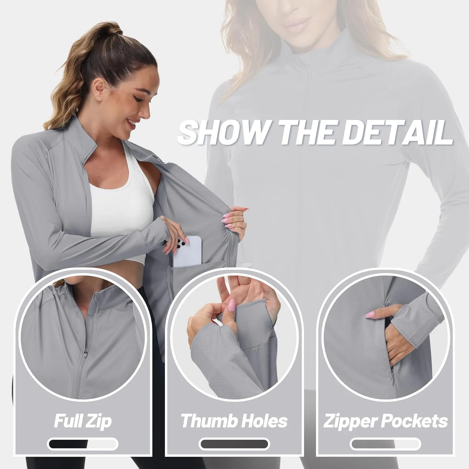 TACVASEN Women's Athletic Jackets Lightweight UV Protection Shirts Full Zip Workout Jacket UPF 50  Long Sleeve Sun Shirt