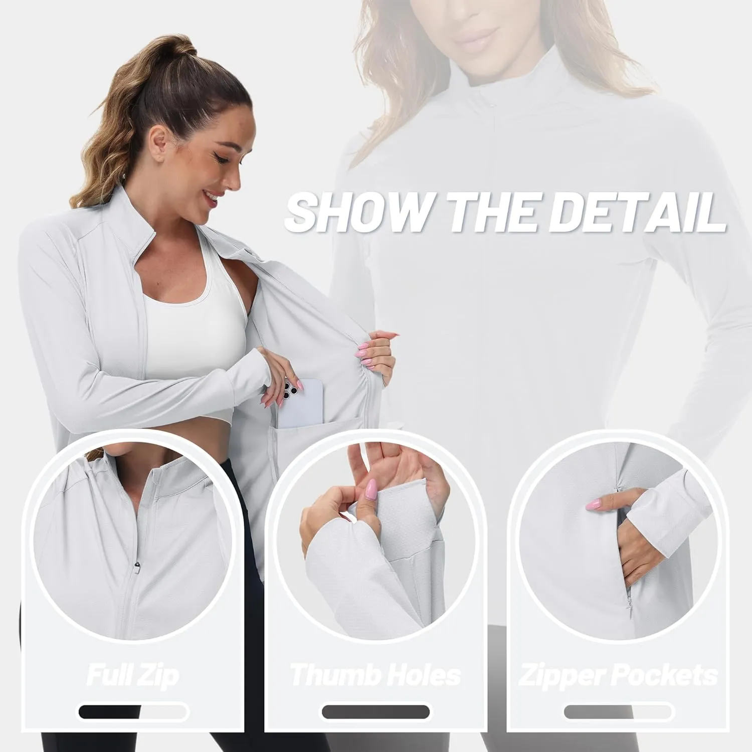 TACVASEN Women's Athletic Jackets Lightweight UV Protection Shirts Full Zip Workout Jacket UPF 50  Long Sleeve Sun Shirt