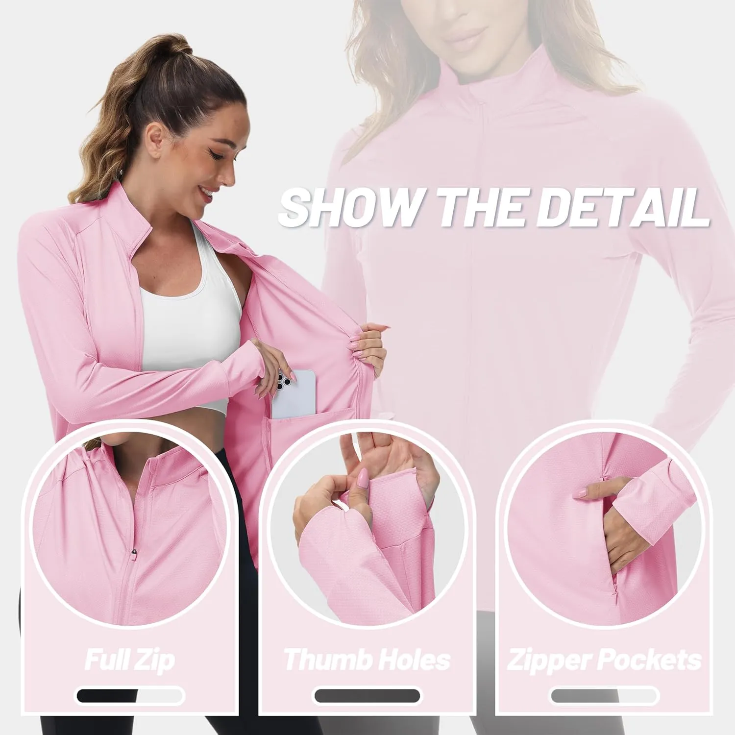 TACVASEN Women's Athletic Jackets Lightweight UV Protection Shirts Full Zip Workout Jacket UPF 50  Long Sleeve Sun Shirt