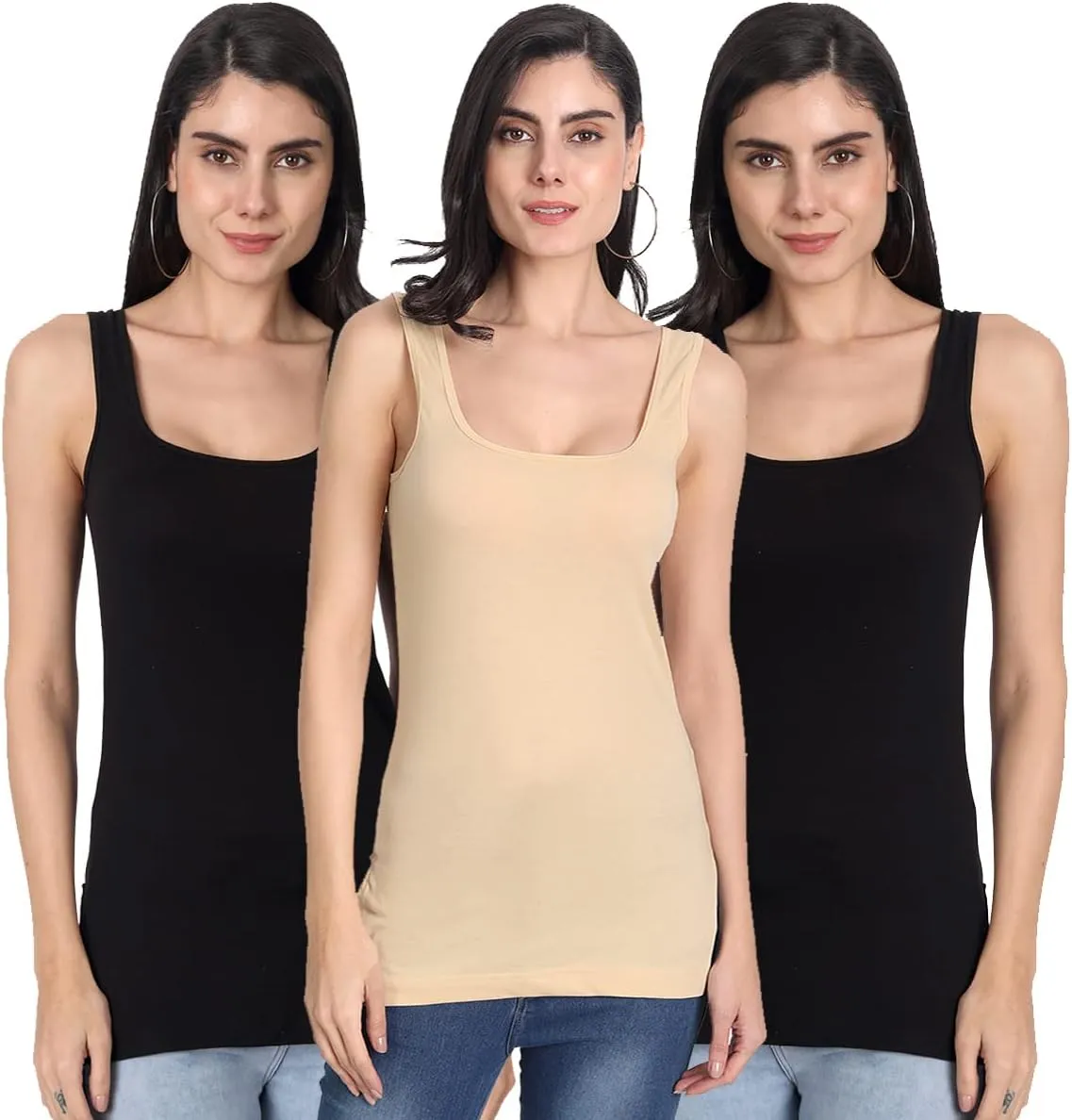 Tank Tops for Women's 3 Pack Cotton Spaghetti Strap Summer Camisole Scoop Neck Slim Fit Sleeveless
