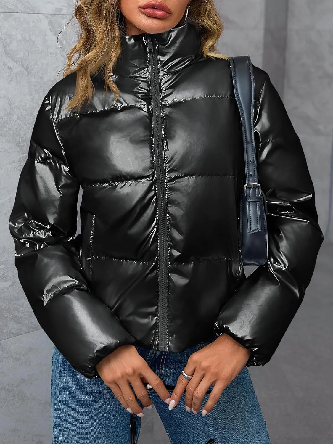 Tankaneo Womens Cropped Shiny Puffer Jacket Lightweight Quilted Stand Collar Winter Warm Down Coat