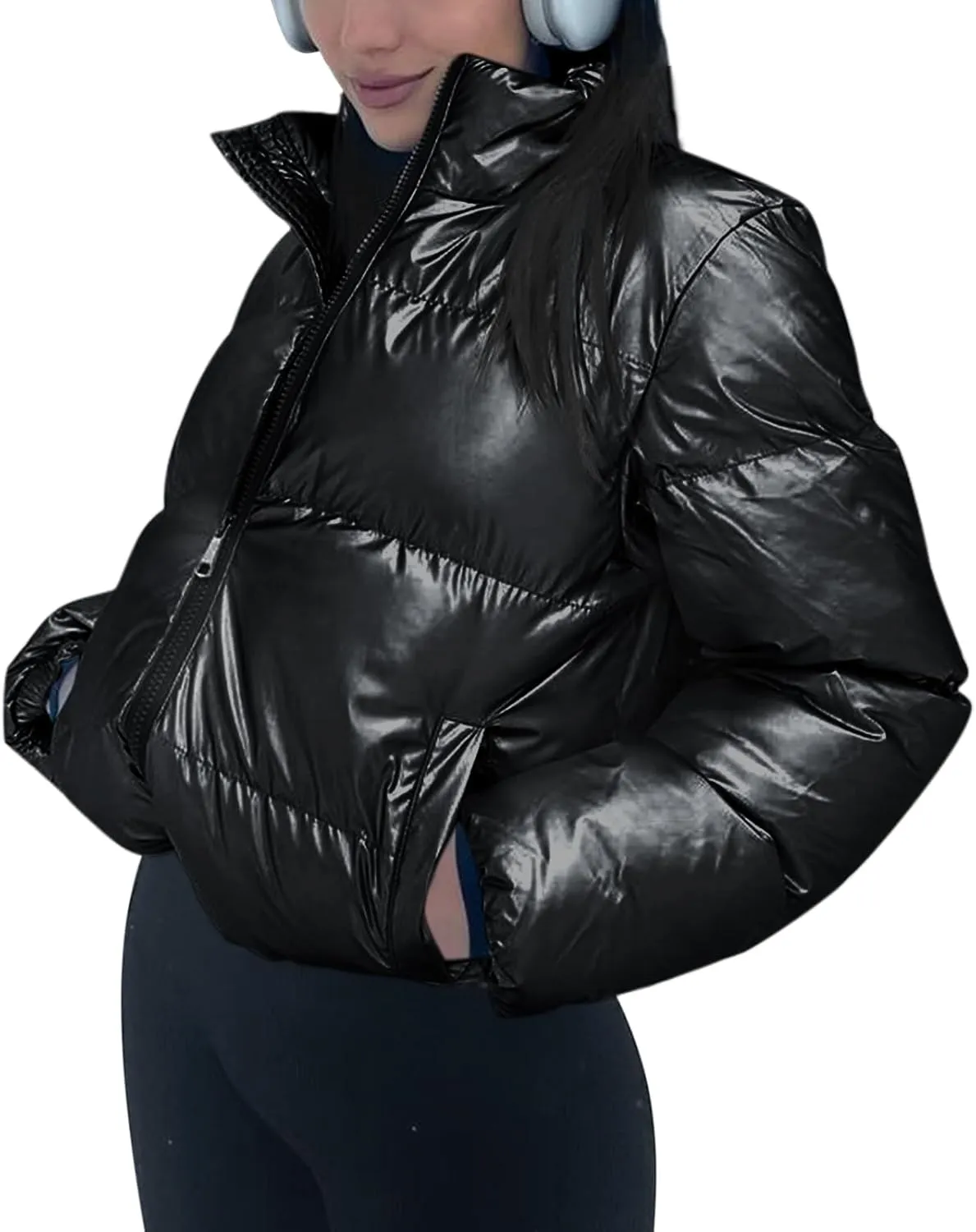 Tankaneo Womens Cropped Shiny Puffer Jacket Lightweight Quilted Stand Collar Winter Warm Down Coat