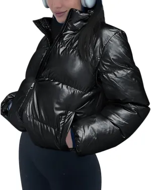Tankaneo Womens Cropped Shiny Puffer Jacket Lightweight Quilted Stand Collar Winter Warm Down Coat