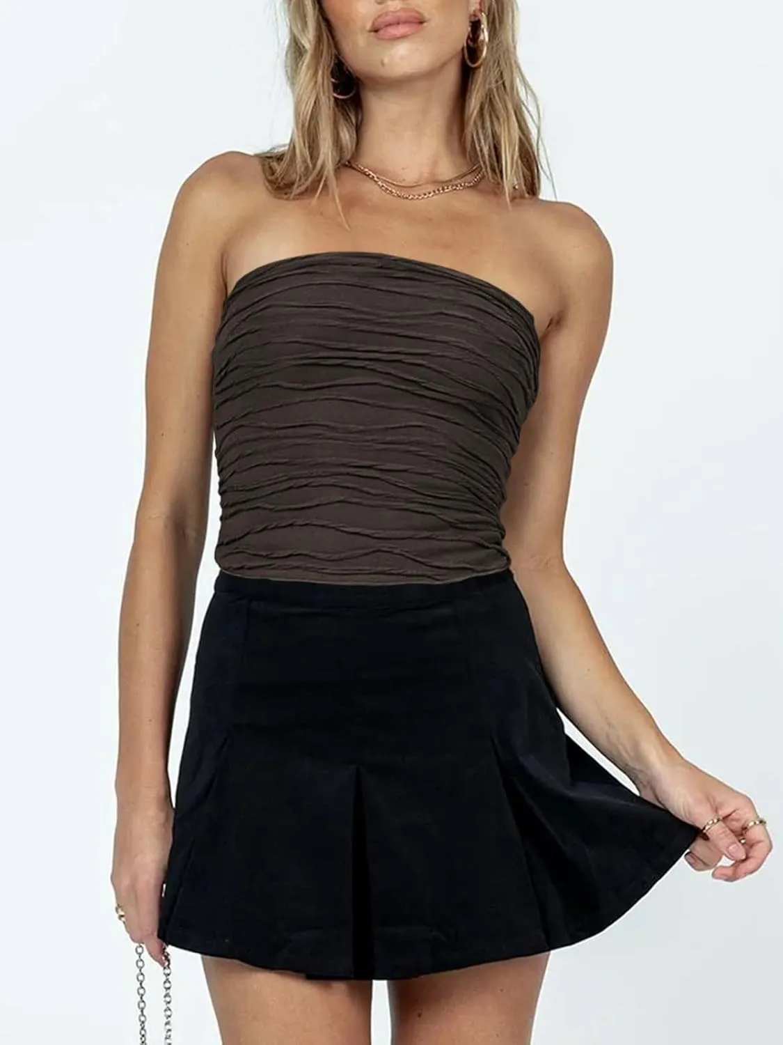 Tankaneo Womens Textured Tube Top Sexy Strapless Solid Crop Tops Sleeveless Stretch Party Clubwear Tank Top
