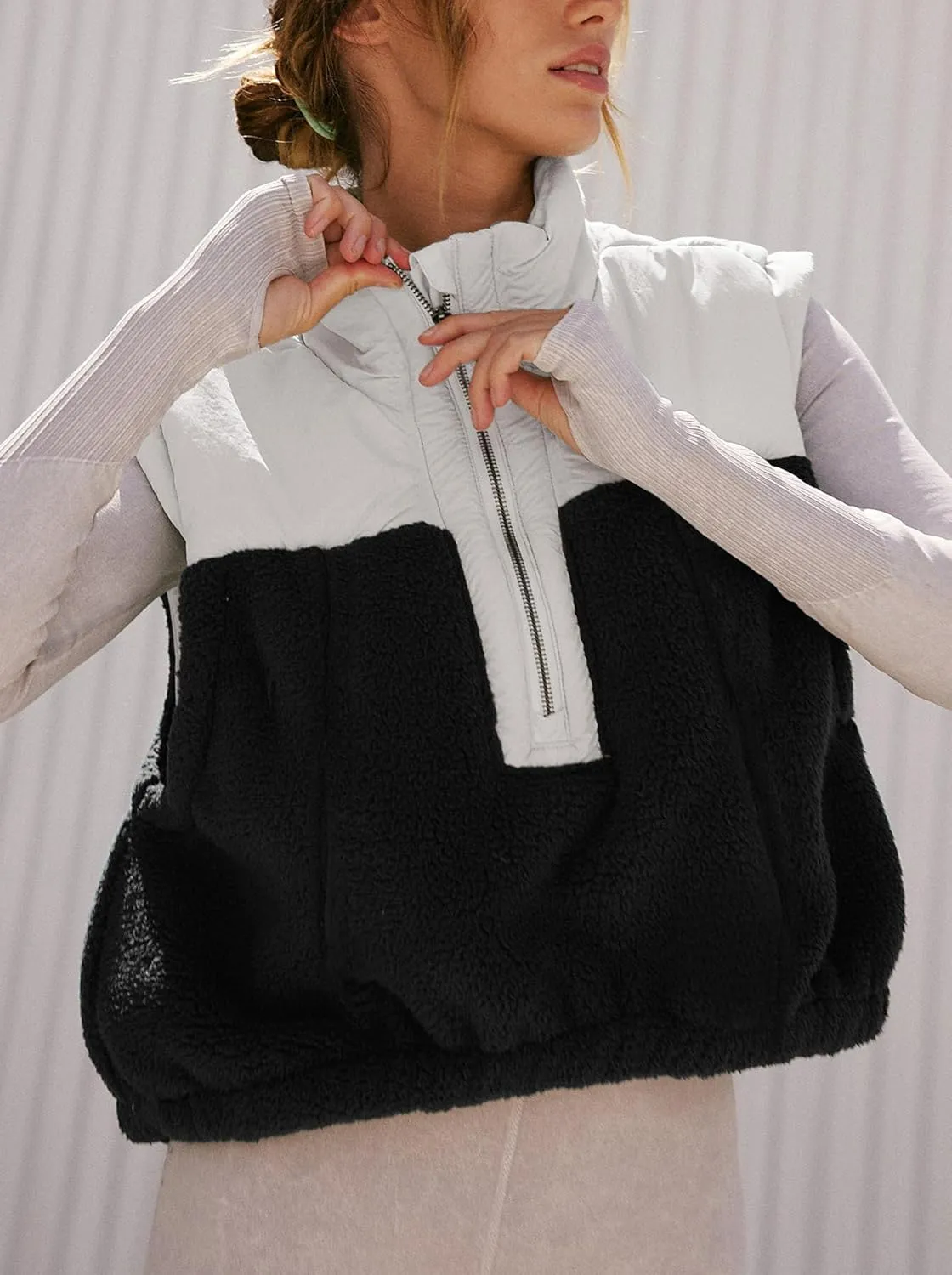 Tanming Womens Fuzzy Sherpa Fleece Vest Lightweight Cozy Sleeveless Gilet Half Zip Pullover Waistcoat with Pocket
