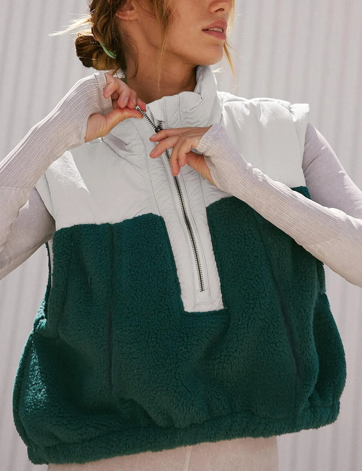 Tanming Womens Fuzzy Sherpa Fleece Vest Lightweight Cozy Sleeveless Gilet Half Zip Pullover Waistcoat with Pocket