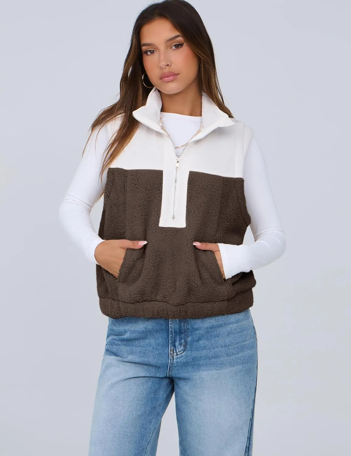 Tanming Womens Fuzzy Sherpa Fleece Vest Lightweight Cozy Sleeveless Gilet Half Zip Pullover Waistcoat with Pocket