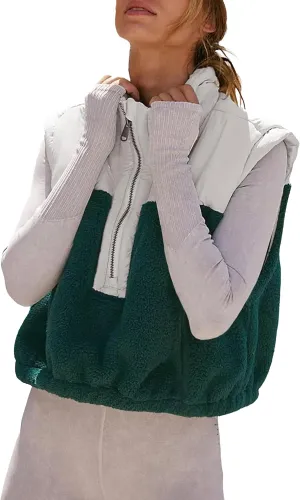Tanming Womens Fuzzy Sherpa Fleece Vest Lightweight Cozy Sleeveless Gilet Half Zip Pullover Waistcoat with Pocket