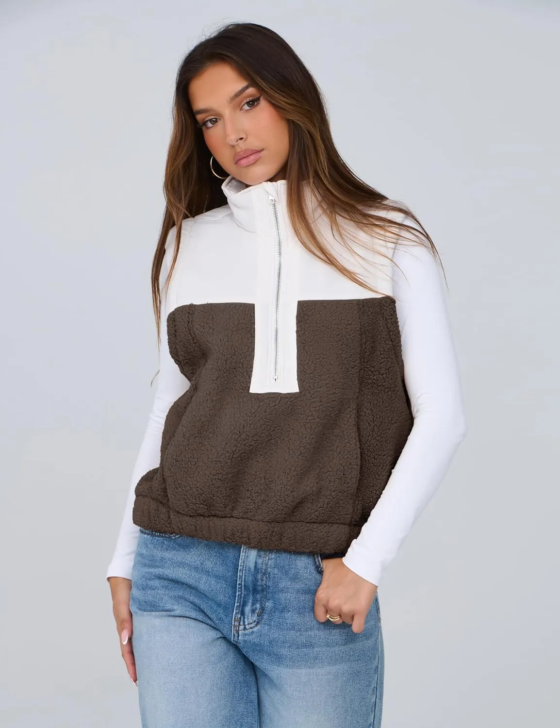 Tanming Womens Fuzzy Sherpa Fleece Vest Lightweight Cozy Sleeveless Gilet Half Zip Pullover Waistcoat with Pocket