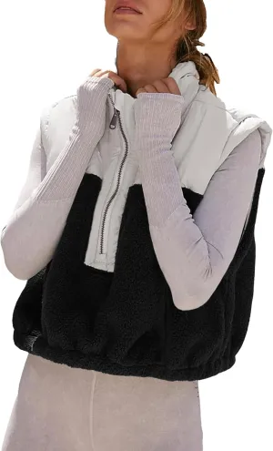 Tanming Womens Fuzzy Sherpa Fleece Vest Lightweight Cozy Sleeveless Gilet Half Zip Pullover Waistcoat with Pocket