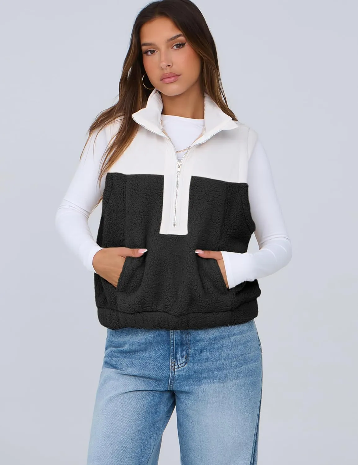 Tanming Womens Fuzzy Sherpa Fleece Vest Lightweight Cozy Sleeveless Gilet Half Zip Pullover Waistcoat with Pocket