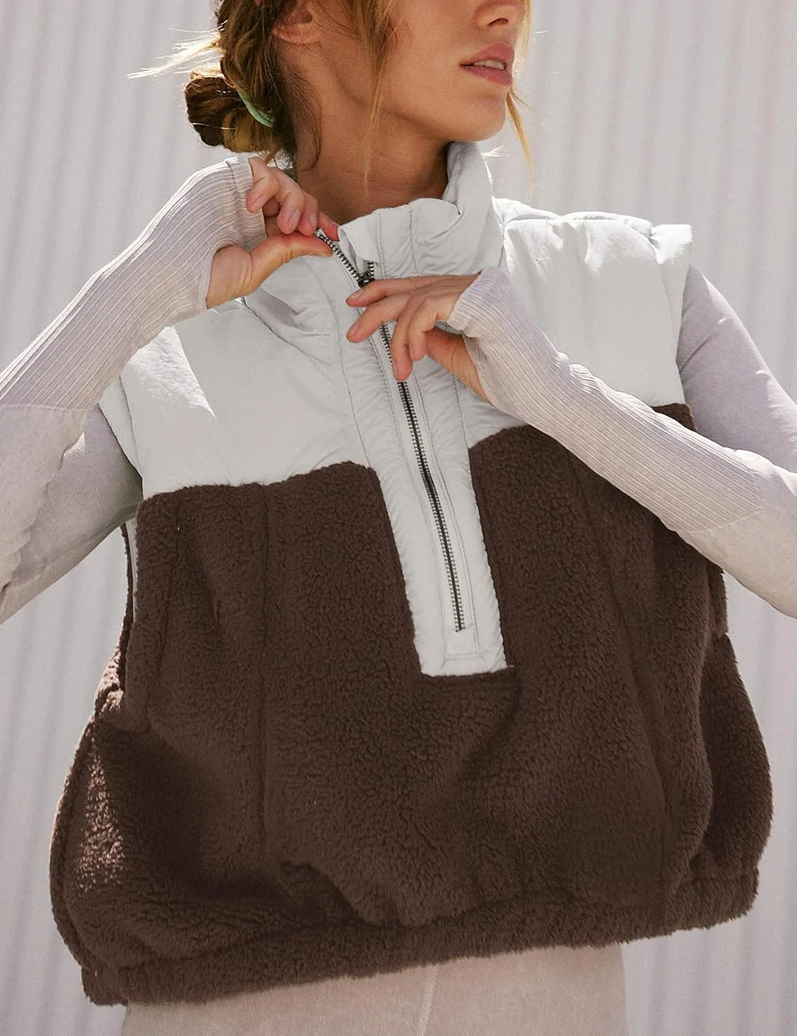 Tanming Womens Fuzzy Sherpa Fleece Vest Lightweight Cozy Sleeveless Gilet Half Zip Pullover Waistcoat with Pocket