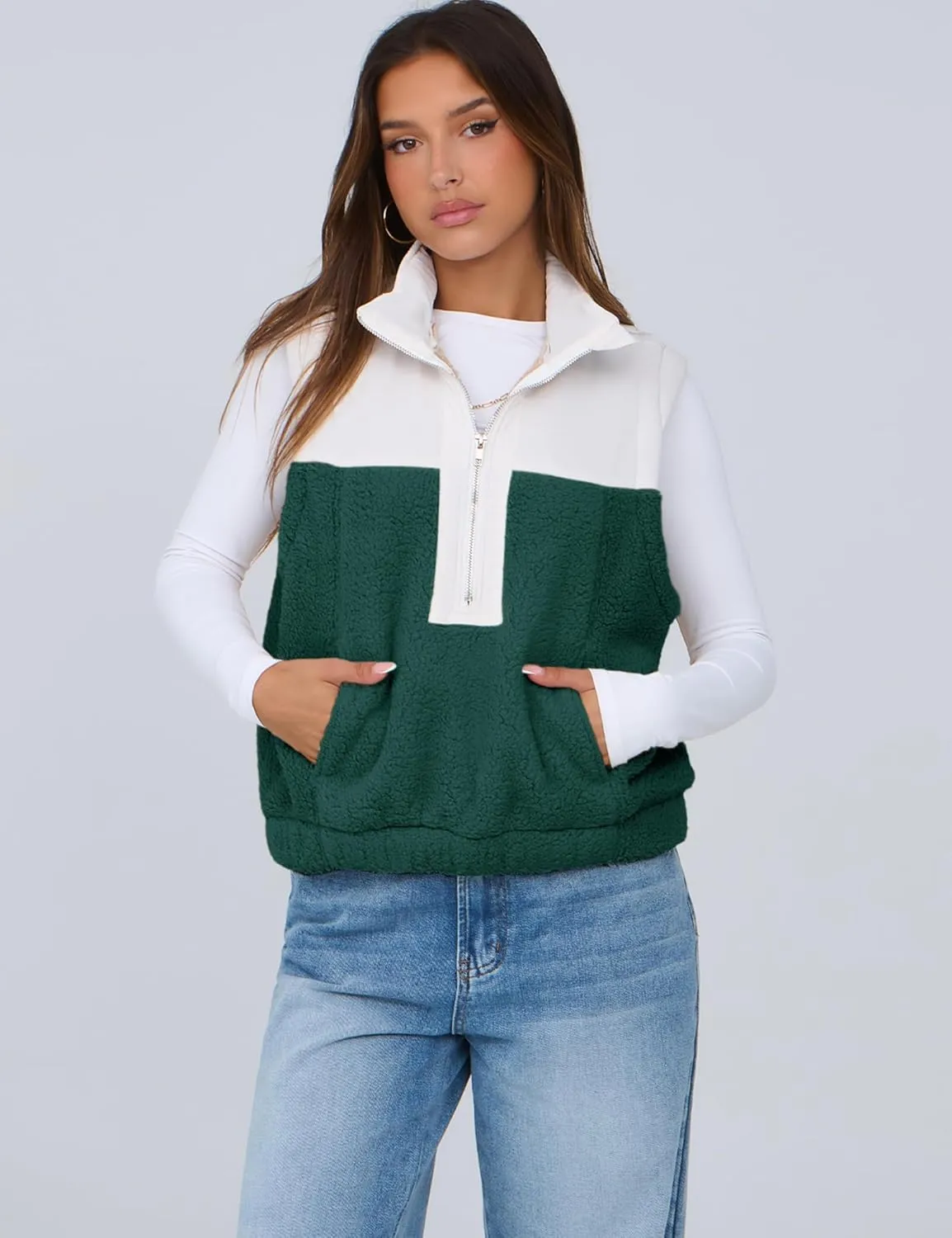 Tanming Womens Fuzzy Sherpa Fleece Vest Lightweight Cozy Sleeveless Gilet Half Zip Pullover Waistcoat with Pocket