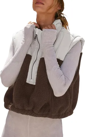 Tanming Womens Fuzzy Sherpa Fleece Vest Lightweight Cozy Sleeveless Gilet Half Zip Pullover Waistcoat with Pocket