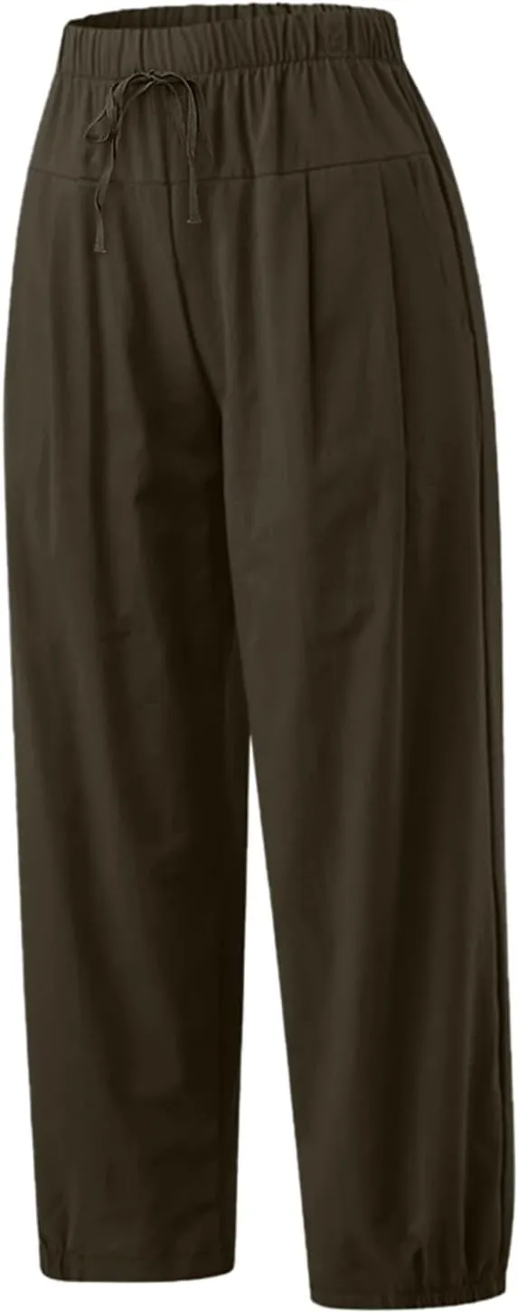 TBA Women's Casual Pants Summer Wide Leg Capris Drawstring Elastic High Waist Cotton Cropped Trousers with Pockets