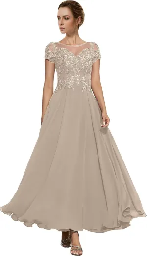 Tea Length Cap Sleeve Chiffon Mother of The Bride Dresses Women's Boat Neck A Line Lace Appliqued Wedding Guest Dress