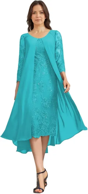 Tea Length Mother of The Bride Dresses Laces Appliques Chiffon Formal Evening Prom Dress Mother Groom Dress