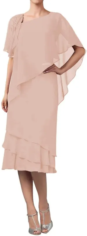 Tea Length Mother of The Bride Dresses Overlay Cape Chiffon Formal Evening Gowns Wedding Guest Cocktail Party Dress