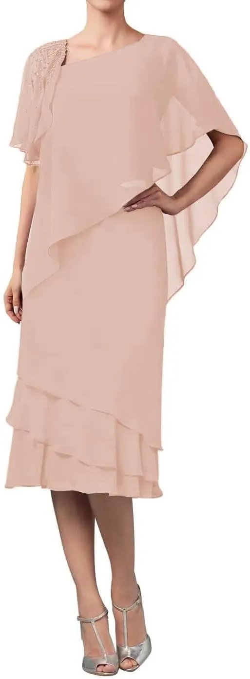 Tea Length Mother of The Bride Dresses Overlay Cape Chiffon Formal Evening Gowns Wedding Guest Cocktail Party Dress