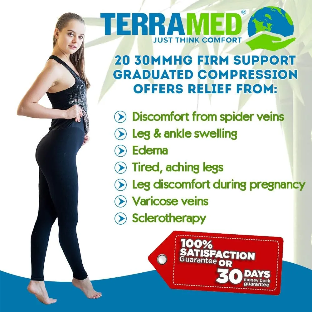 Terramed Just Think Comfort Extra Firm Footless Graduated Compression Microfiber Leggings Opaque Tights for Women (20-30 mmHg) with Control Top (Medium) Black
