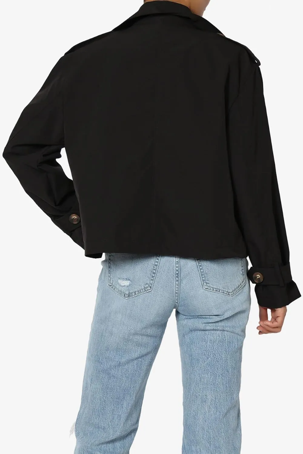 TheMogan Junior's Double Breasted Cropped Jacket Casual Notched Lapel Lightweight Trench Coat