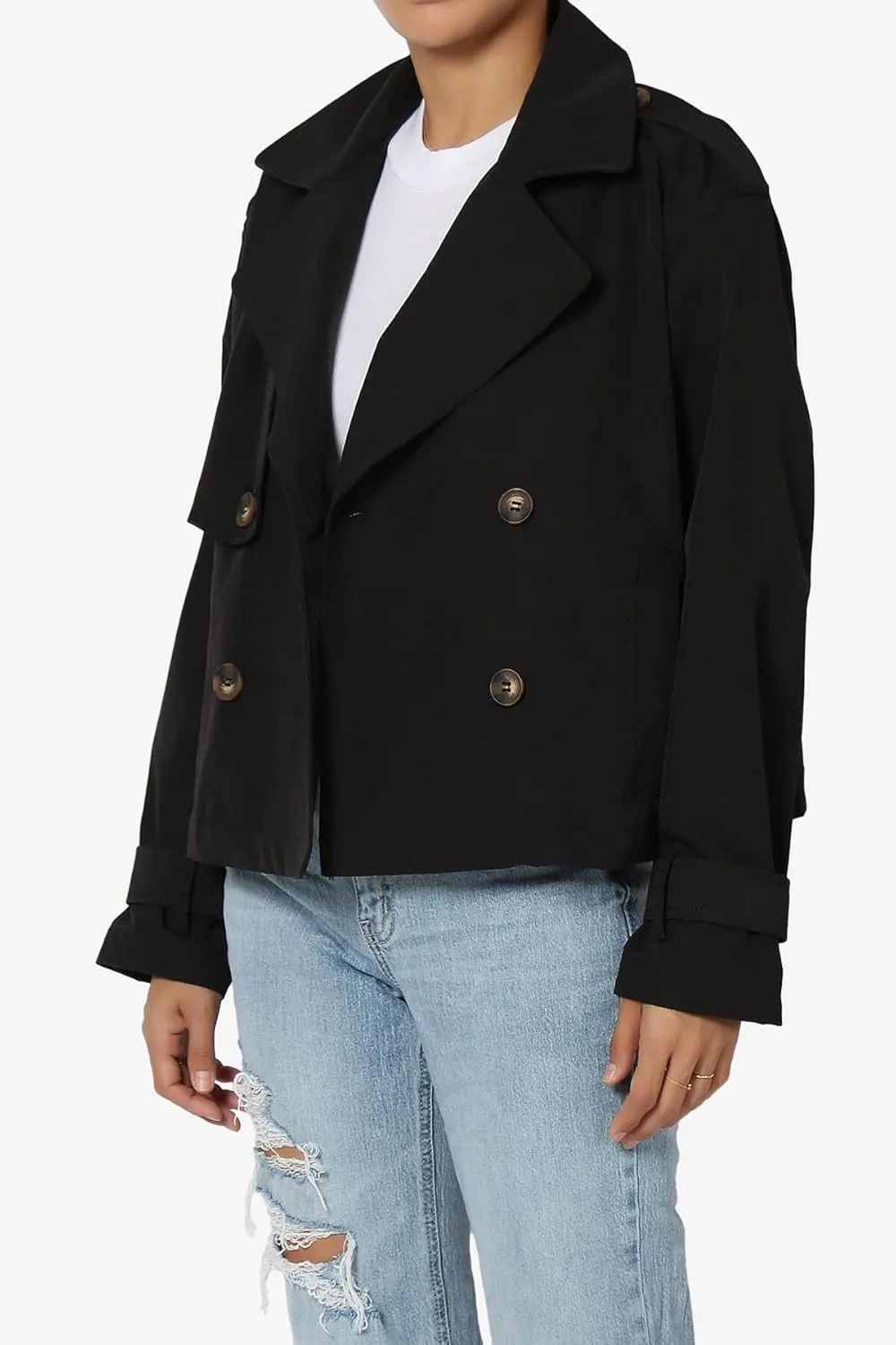 TheMogan Junior's Double Breasted Cropped Jacket Casual Notched Lapel Lightweight Trench Coat