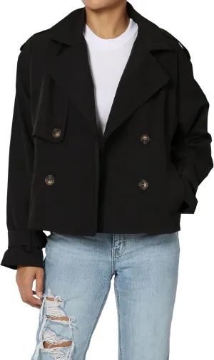 TheMogan Junior's Double Breasted Cropped Jacket Casual Notched Lapel Lightweight Trench Coat