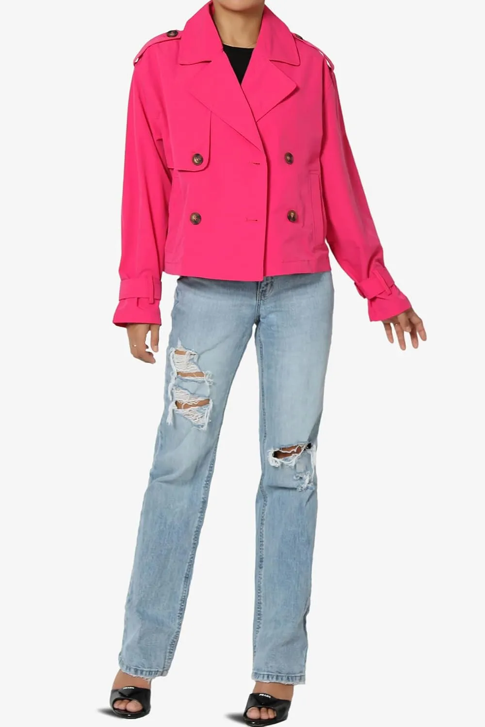 TheMogan Junior's Double Breasted Cropped Jacket Casual Notched Lapel Lightweight Trench Coat