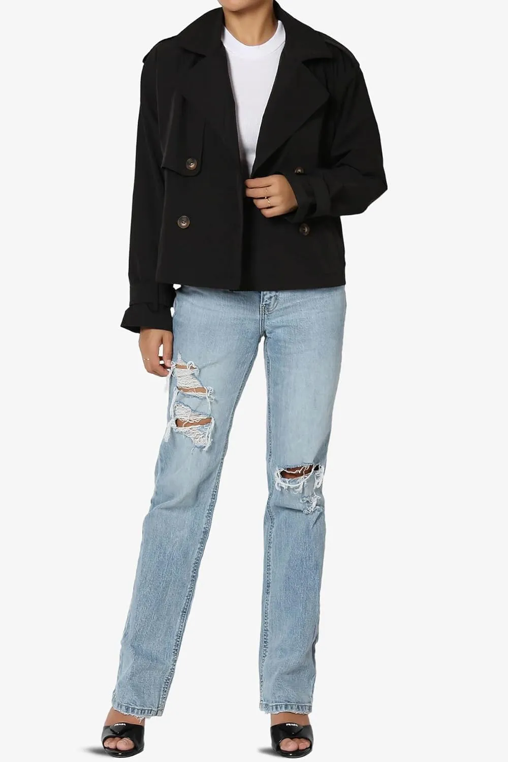 TheMogan Junior's Double Breasted Cropped Jacket Casual Notched Lapel Lightweight Trench Coat