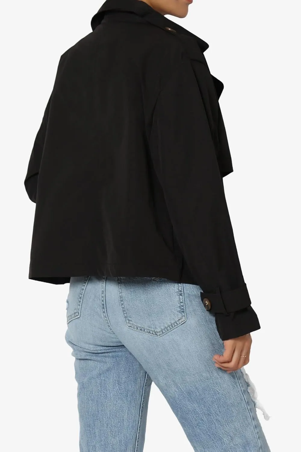 TheMogan Junior's Double Breasted Cropped Jacket Casual Notched Lapel Lightweight Trench Coat