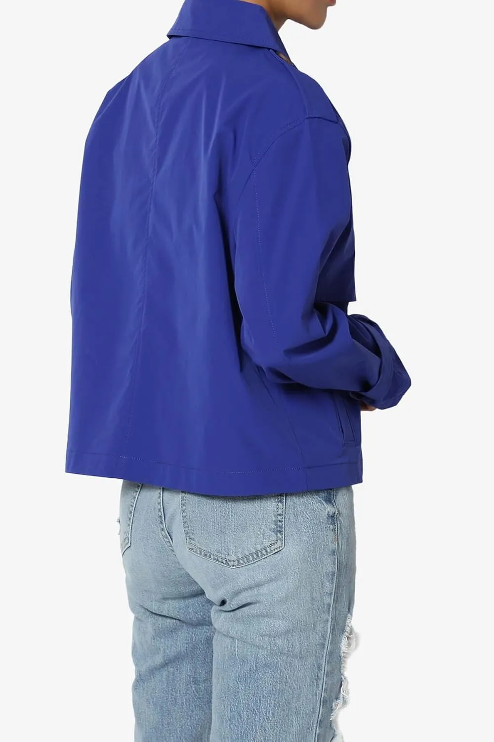 TheMogan Junior's Double Breasted Cropped Jacket Casual Notched Lapel Lightweight Trench Coat
