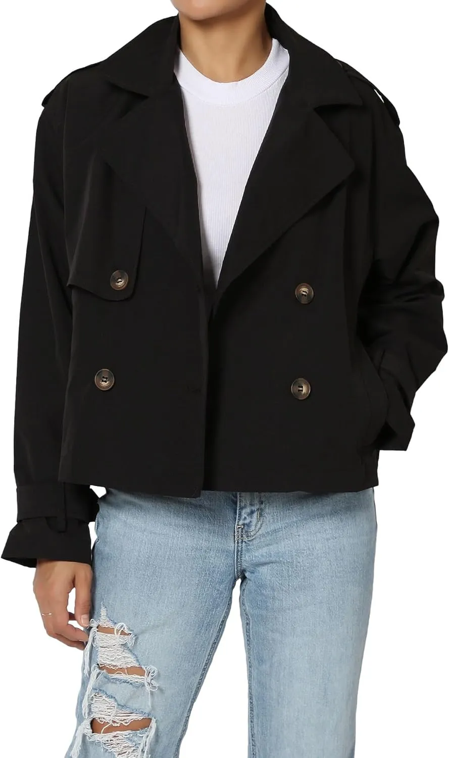 TheMogan Junior's Double Breasted Cropped Jacket Casual Notched Lapel Lightweight Trench Coat