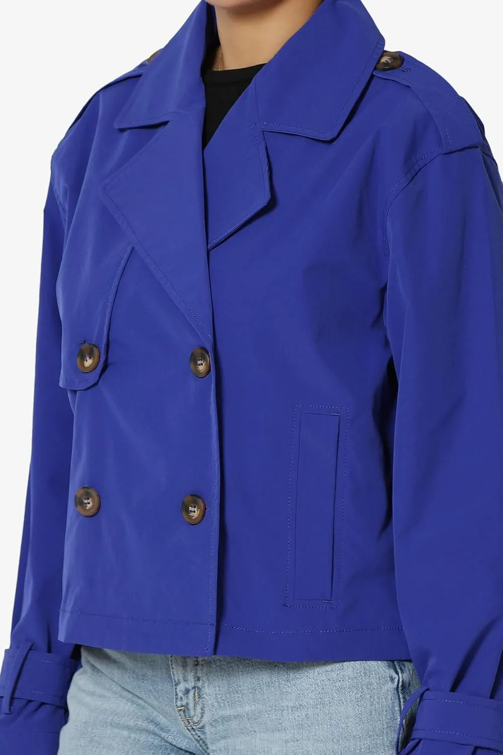 TheMogan Junior's Double Breasted Cropped Jacket Casual Notched Lapel Lightweight Trench Coat